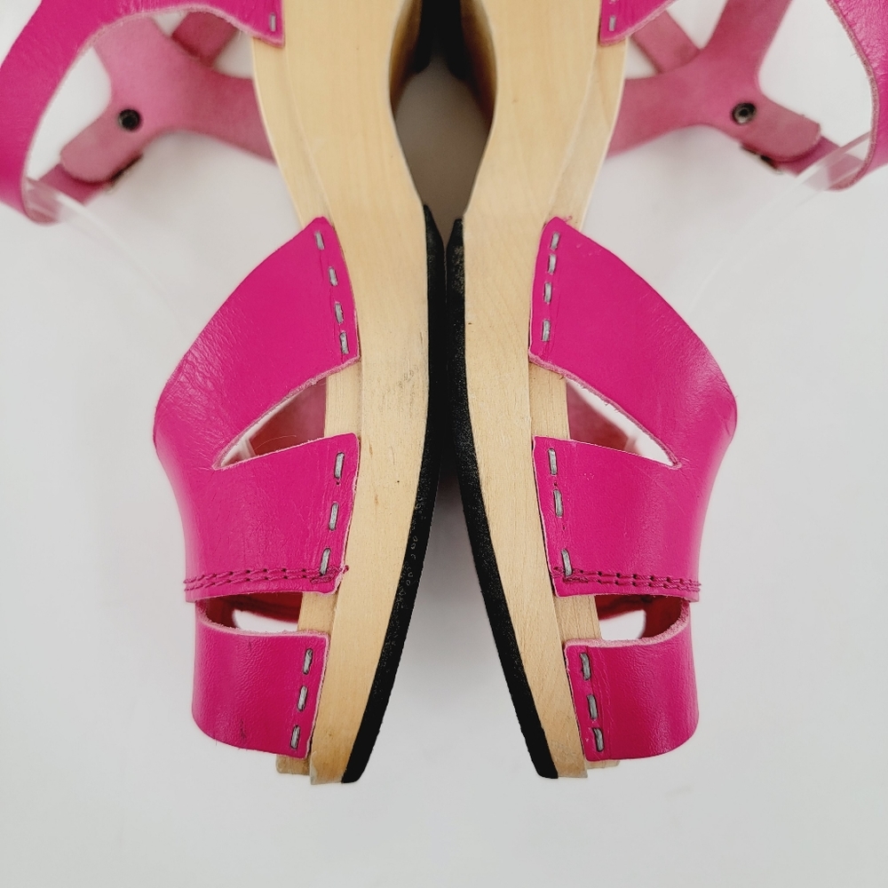 Swedish Hasbeens Suzanne Hot Pink Peep Toe Sandal Clogs - Picture 7 of 16